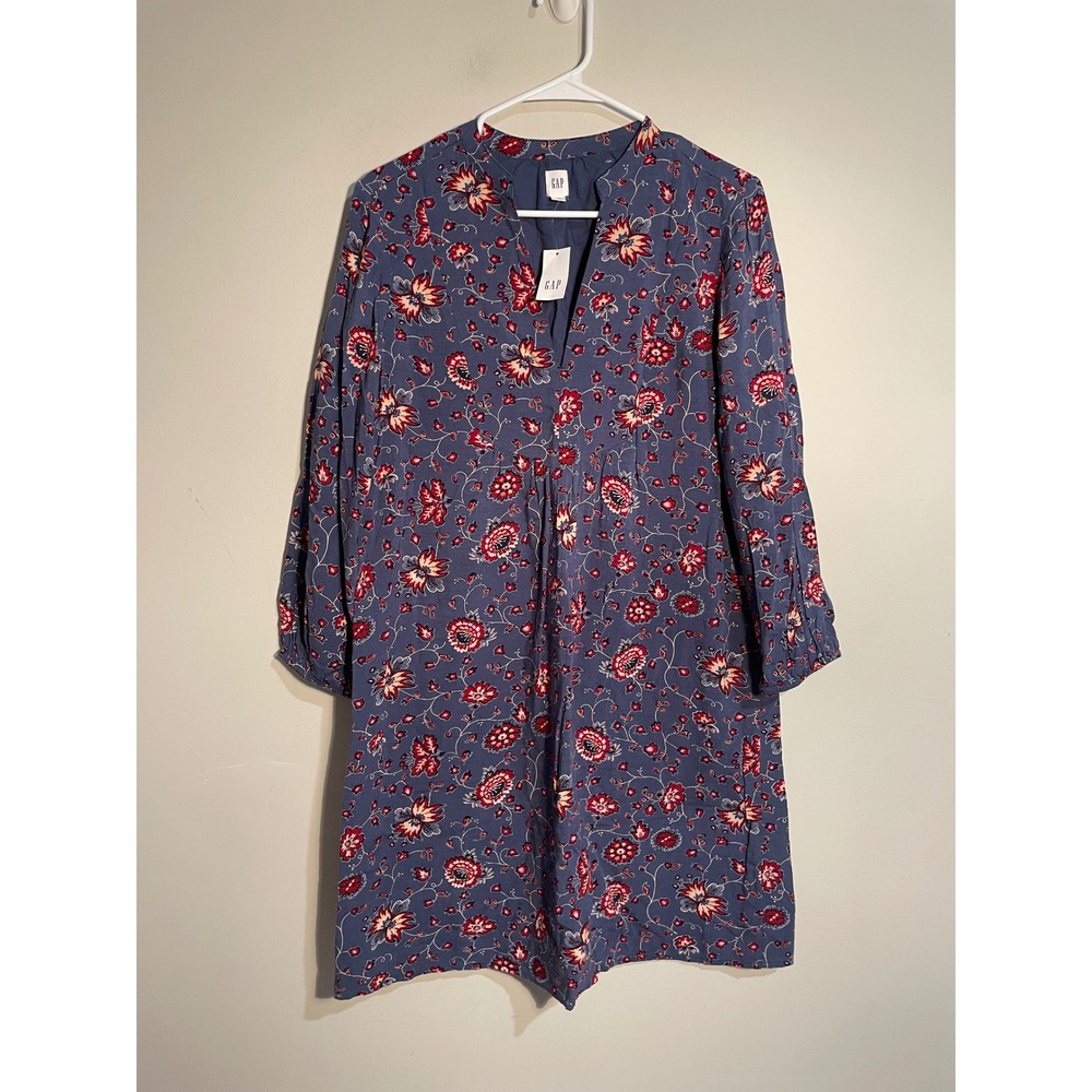 NWT Gap Blue Floral V-Neck‎ Long Sleeve Shift Dress Size Medium Classic Fall
